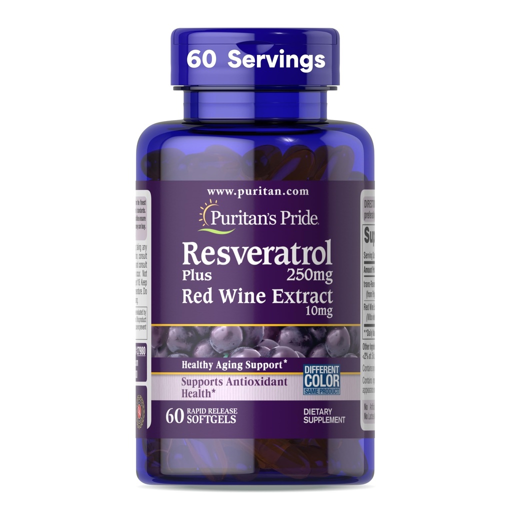 Puritans Pride Premium Resveratrol Youth Guard ™ 250 mg, Kosttilskud til immunsystemet, Antioxidant, Sukker Metabolisme, Blood Flow, og Vaskulære Funktionssupport, 60 Rapid Release Softgels