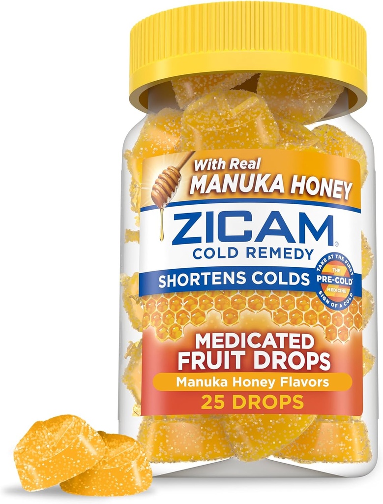Zicam Cold Remedy Zink Medicated Fruit Drops, Manuka Honey Flavor, Homøopatisk, Cold Shortening Medicine, Shortens Cold Varighed, 25 Greve