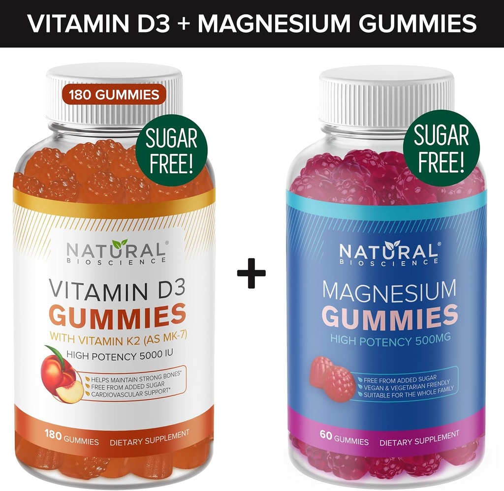 Sugar Free Vitamin D3 K2 Gummies (180 Gummies) and Sugar Free Extra Strength Magnesium Gummies (60 Gummies), Vitamin D3 Gummies 5000 IU+K2 MK7 80 mcg, Magnesium Citrate Gummies 500 mg