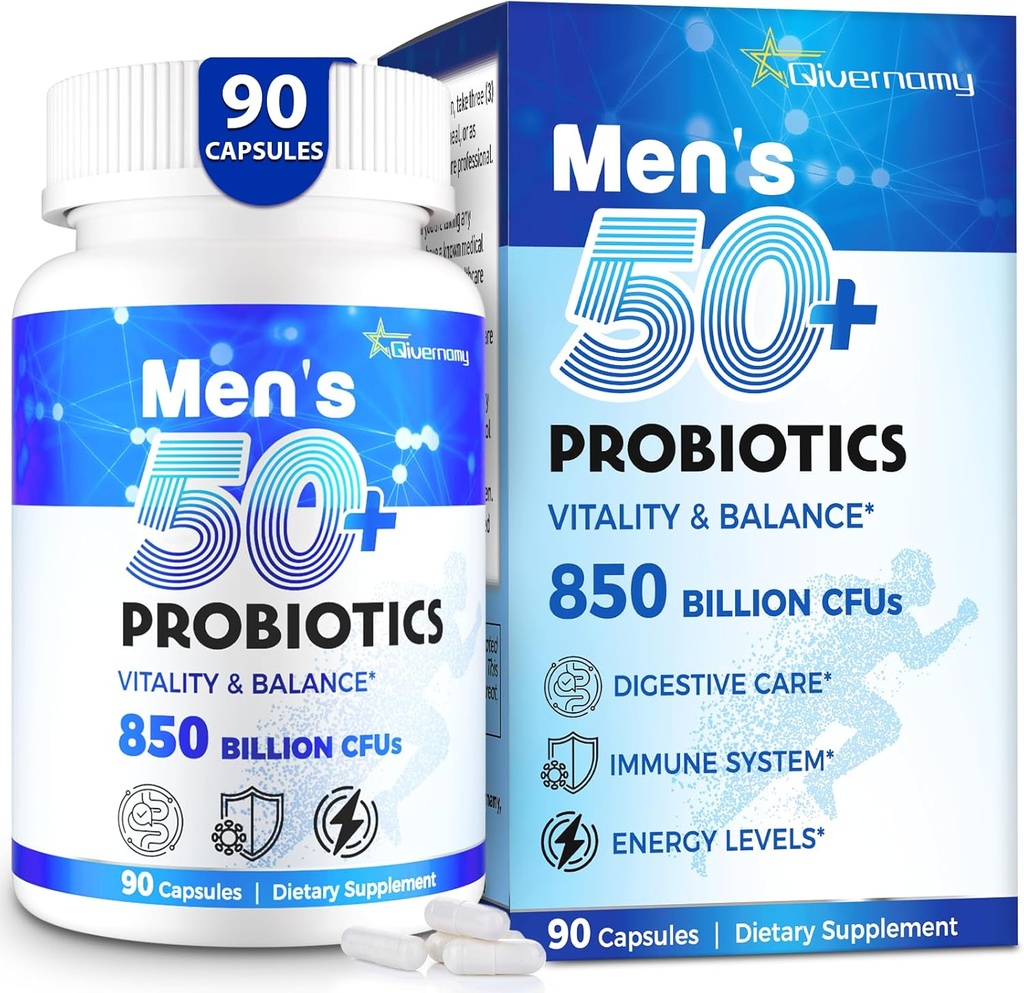 Probiotika til mænd, Avanceret 50 + Herre Probiotik, Omfattende Gut & Energy Support med 850 Millioner CFU, 1800mg Prebiotics Fiber - Tailored Wellness men probiotika til tarm sundhed over 50, 90 Capsule