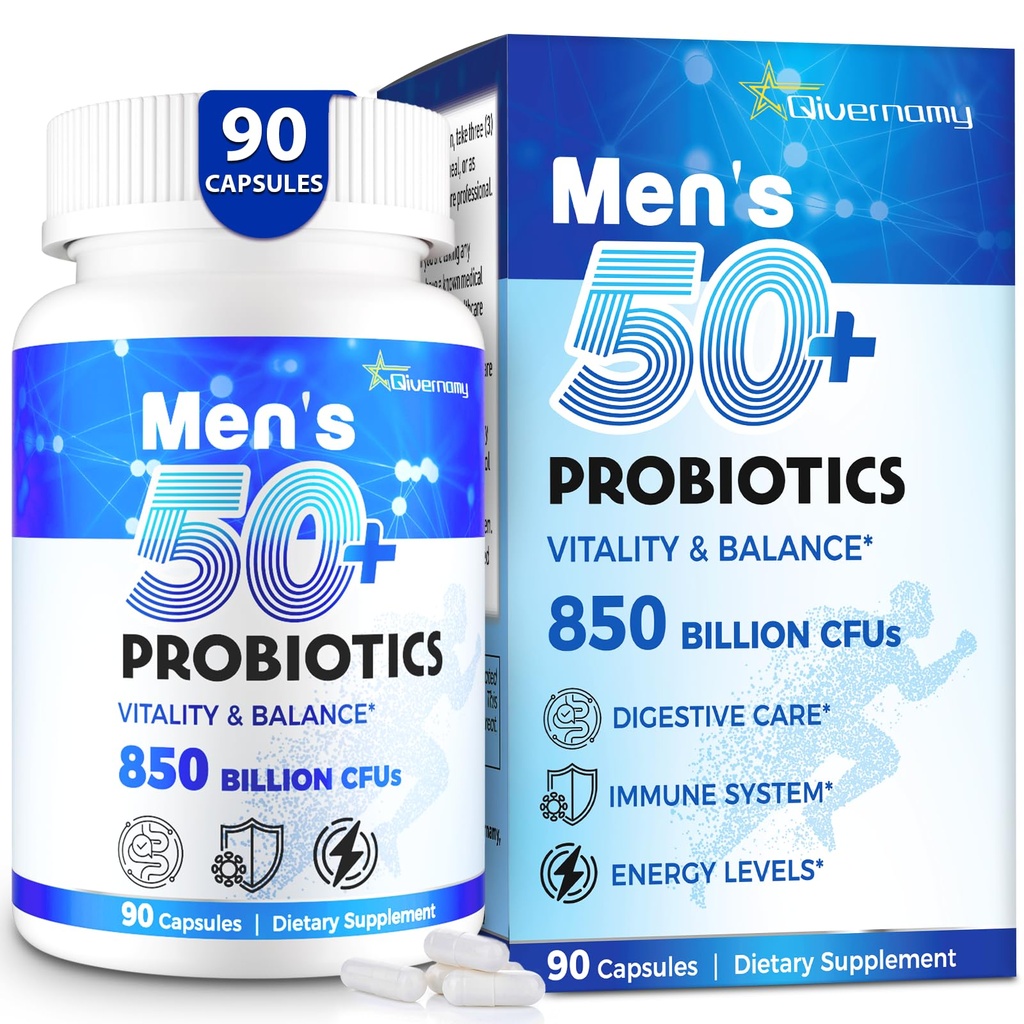 Probiotika til mænd, Avanceret 50 + Herre Probiotik, Omfattende Gut & Energy Support med 850 Millioner CFU, 1800mg Prebiotics Fiber - Tailored Wellness men probiotika til tarm sundhed over 50, 90 Capsule