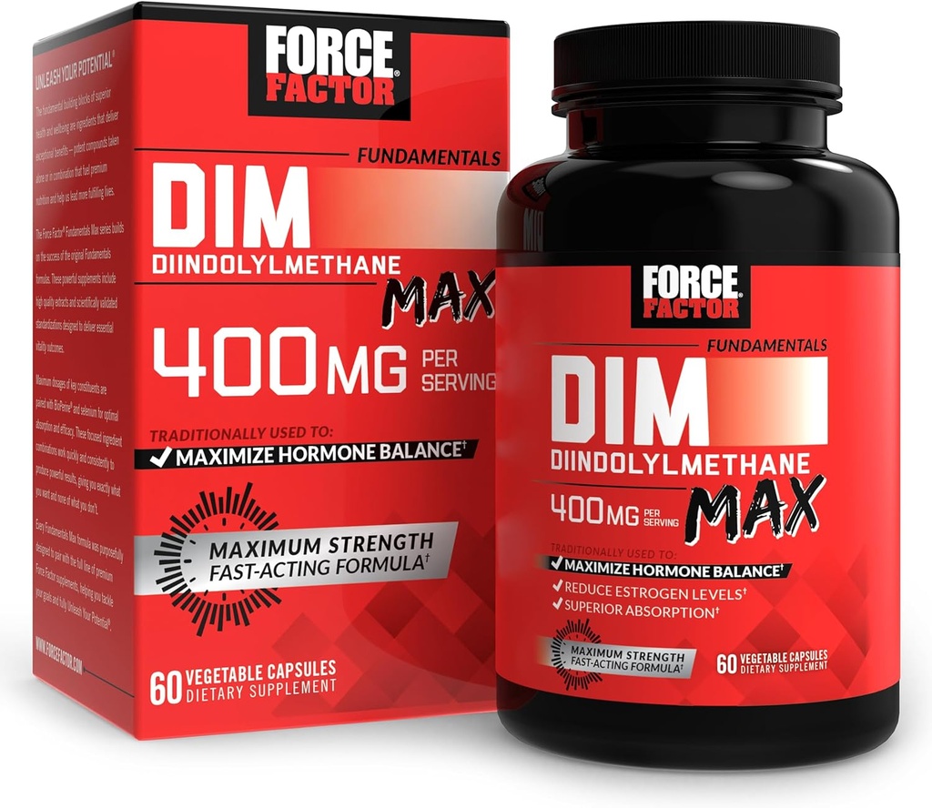 FORCE FACTOR DIM Max, DIM Supplement 400mg, Østrogen balance for kvinder & mænd, Ekstra styrke for Hormonal Acne, Metabolisme, overgangsalderen, PCOS, Diindolylmethan, Superior Absorption, 60 kapsler