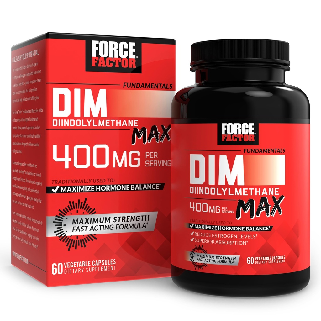 FORCE FACTOR DIM Max, DIM Supplement 400mg, Østrogen balance for kvinder & mænd, Ekstra styrke for Hormonal Acne, Metabolisme, overgangsalderen, PCOS, Diindolylmethan, Superior Absorption, 60 kapsler