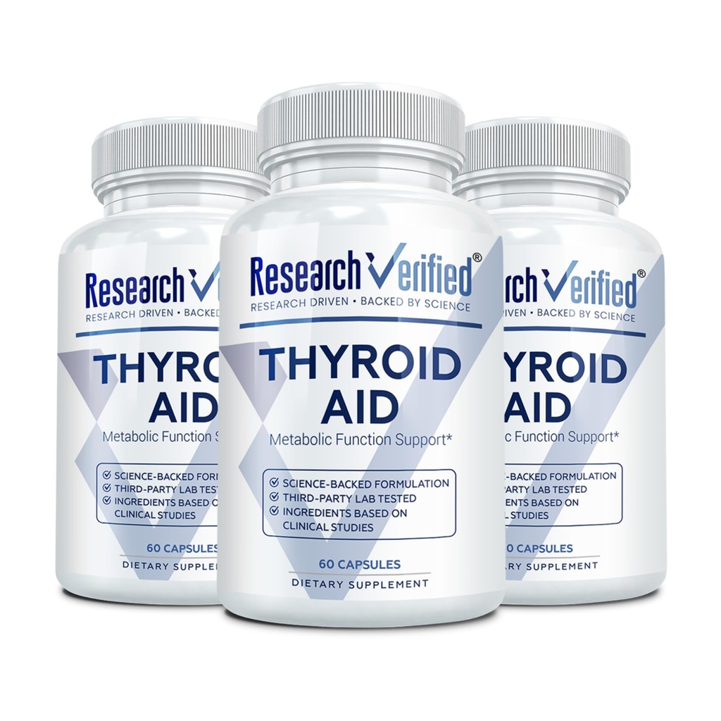 Research Verified® Thyroid Aid - Optimal Thyroid Function with Iodine Copper & Zinc - 260 mcg Selenium - 100% Pure - Vegan Friendly - 60 Capsules - 3 Month Supply