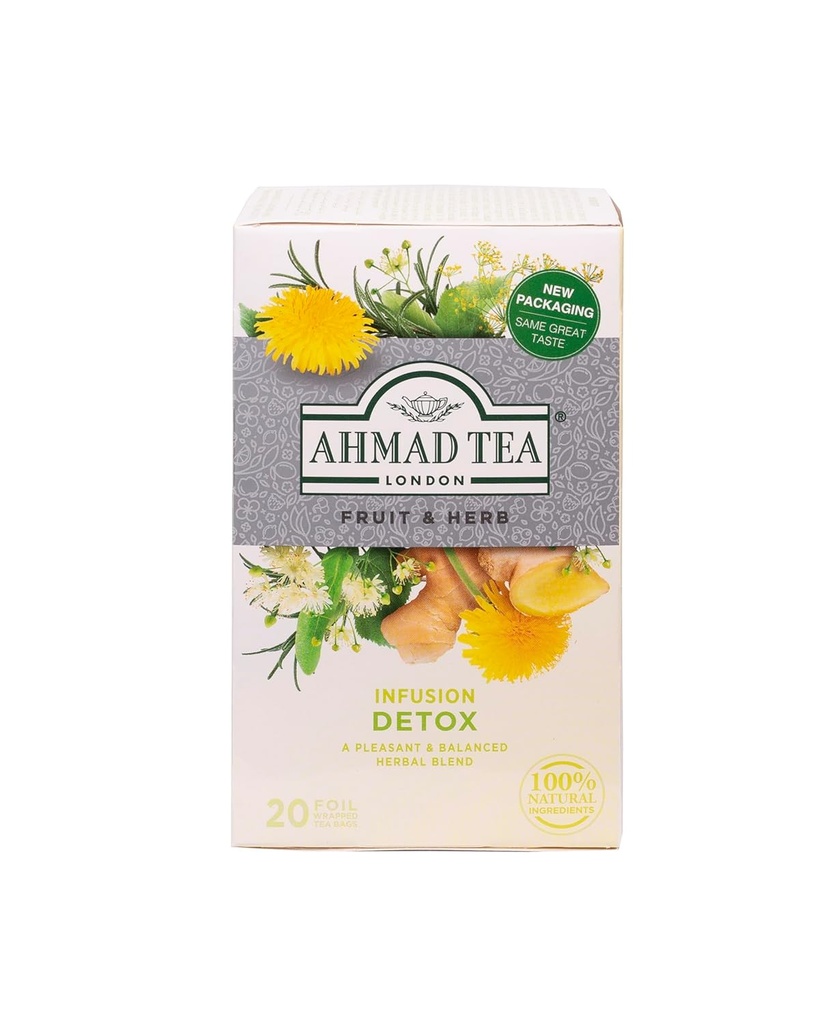 Ahmad Tea Herbal Tea, Ingefær, pebermynte, Fennikel, Mælkebøtte, & Birch 'Detox' Teabags, 20 ct (Pack of 6) - Koffeinfri & sukkerfri