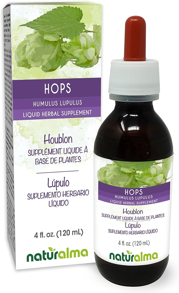 Naturalma Hums (Humulus lupulus) strobilus eller Cone (kvindelige blomster) Alkoholfri tinktur - 4 fl oz flydende ekstrakt i dråber - Urtetilskud - Vegan