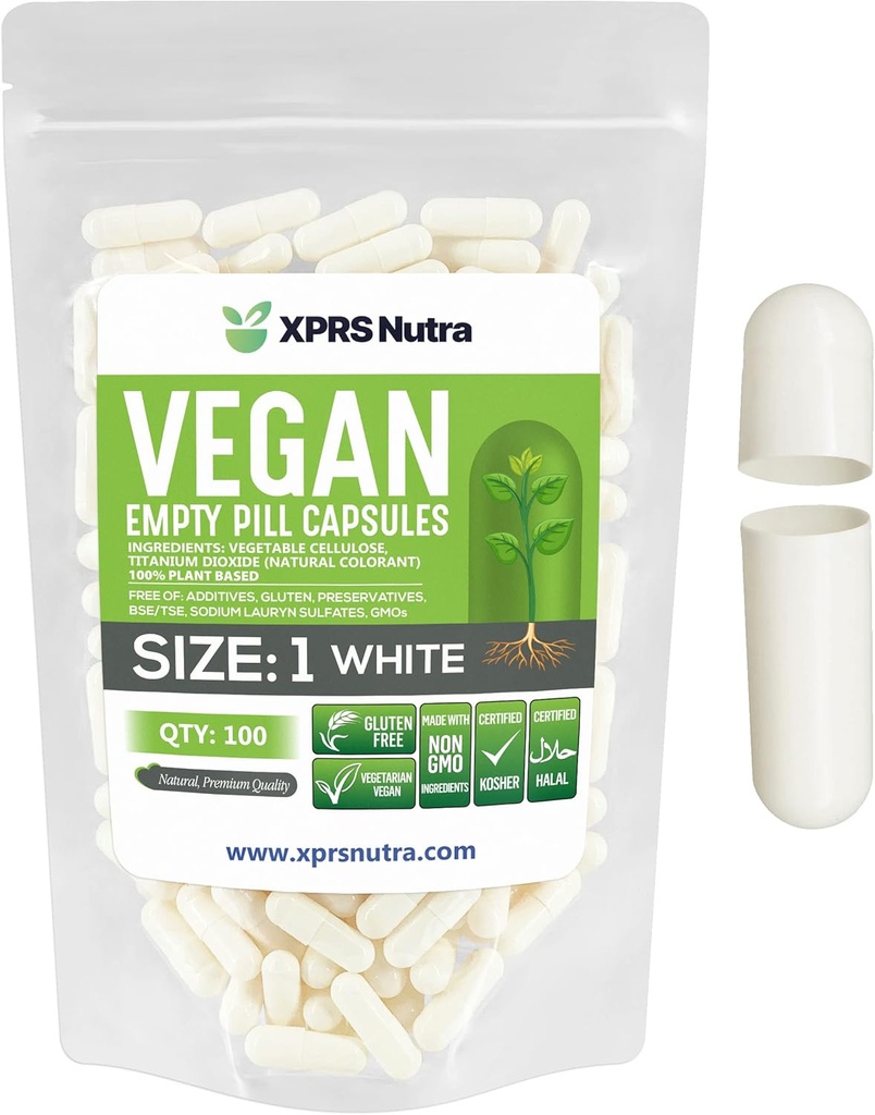 XPRS Nutra Størrelse 1 Tomme kapsler - 100 Grev Tomme Veganske kapsler - Vegetariske piller - DIY vegetabilsk kapsel Filling- Veggie Pill Caps for Do- It- Yourself Kosttilskud (hvid)
