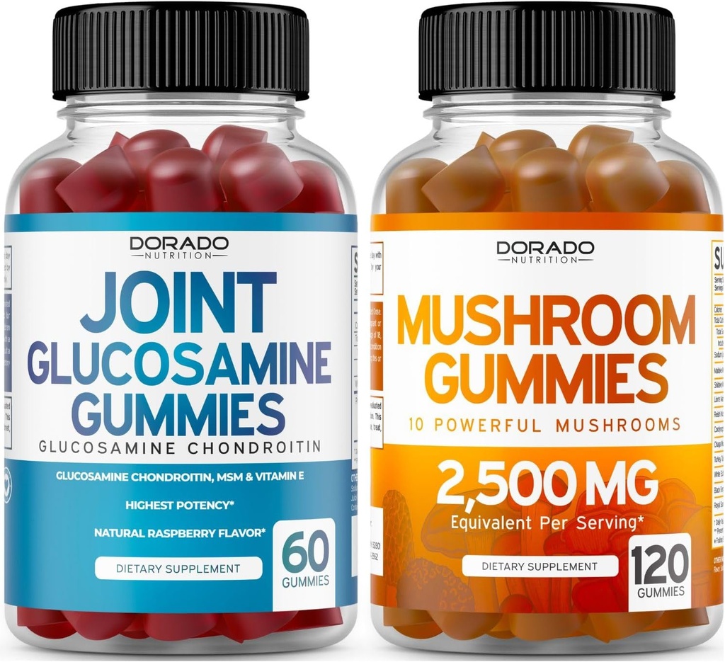 Glucosamin Chondroitin (60 Greve) Fælles Kosttilskud til mænd og kvinder - Lækker Raspberry Flavor og Mushroom 10 i 1 Blend (120 Gummies) Focus & Brain Mushroom Supplement - Vegan & USA Made