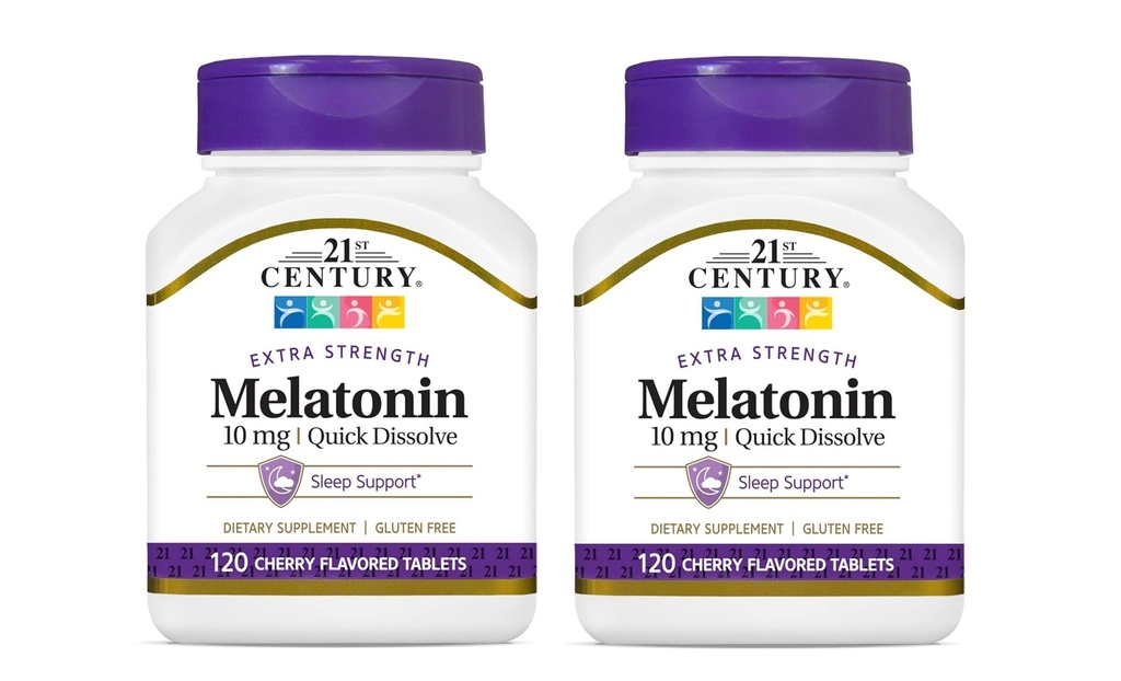 21. århundrede, Melatonin Quick Opløs Tablets 10 mg, White, Cherry, 120 Greve (pakke med 2)