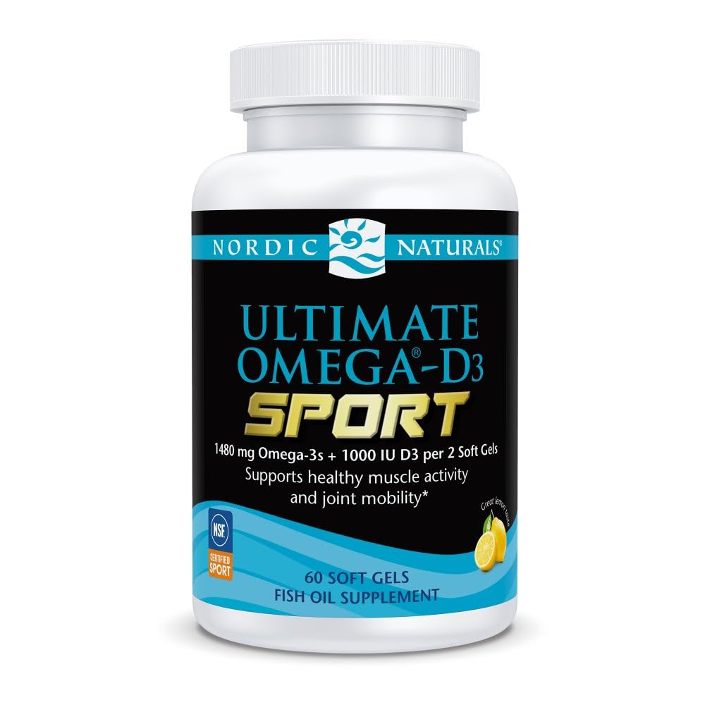 Nordic Naturals Ultimate Omega- D3 Sport, Lemon - 60 Soft Gels - 1480 mg Omega-3 + 1000 IE D3 - NSF Certified - Understøtter Muscle, Bones, Focus & Endurance - 30 Servere