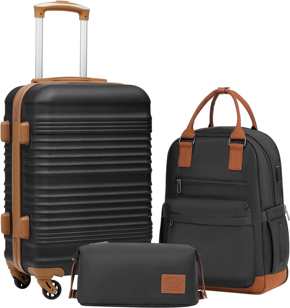 Coolife Bagage Set 3 Piece Bagage Set Carry On Suitcase Hardside Bagage med TSA Lock Spinner Wheels (Sort, 3 stk sæt (BP / TB / 20))