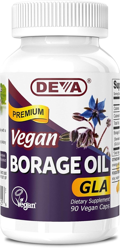 Deva Vegan Vitaminer, Borage Oil 500mg, Rich Source of Omega- 6 Fedtsyre GLA (Gamma linolensyre), Cold- Presset & Uraffineret, 90 tabletter, 1- Pack