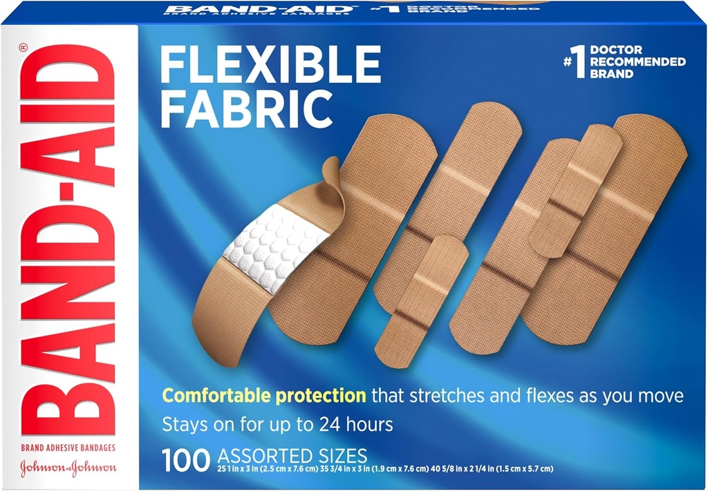 Band- Aid Brand Fleksible Fabric Adhesive Bandages for Sårpleje & Førstehjælp, Assorterede størrelser, 100 ct