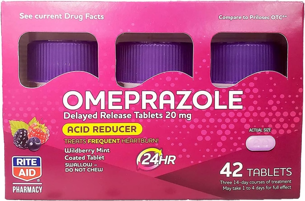 Rite Aid Reducer Omeprazol Delayed Release Tablets - 20 mg, 3 flasker, 14 greve hver (42 Tæl alt), Wildberry Mint Flavor, Heartburn Relief, Heartburn Medicin, Treats Hyppig Heartburn