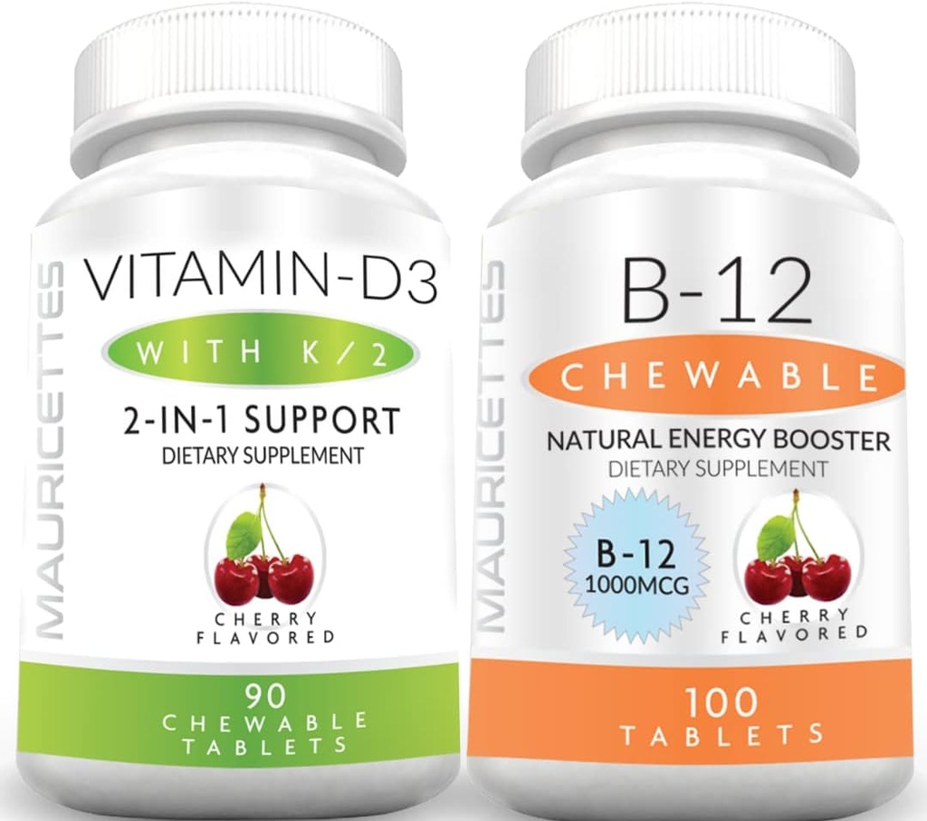 Mauricettes Chewable Vitamin D3 med K2 & Chewable Vitamin B12 1000 mcg energi og immunstøtte bundle