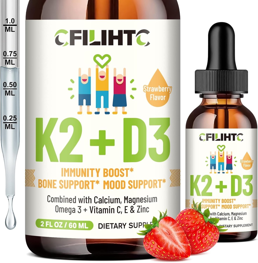 D3 K2 dråber til børn - Omega 3, E-vitamin, Calcium, Magnesium & Zink til bedre absorption - Flydende MK7 1000 IE D3 for sunde knogler, tænder og hjerte støtte - non-GMO, 2 Fl Oz