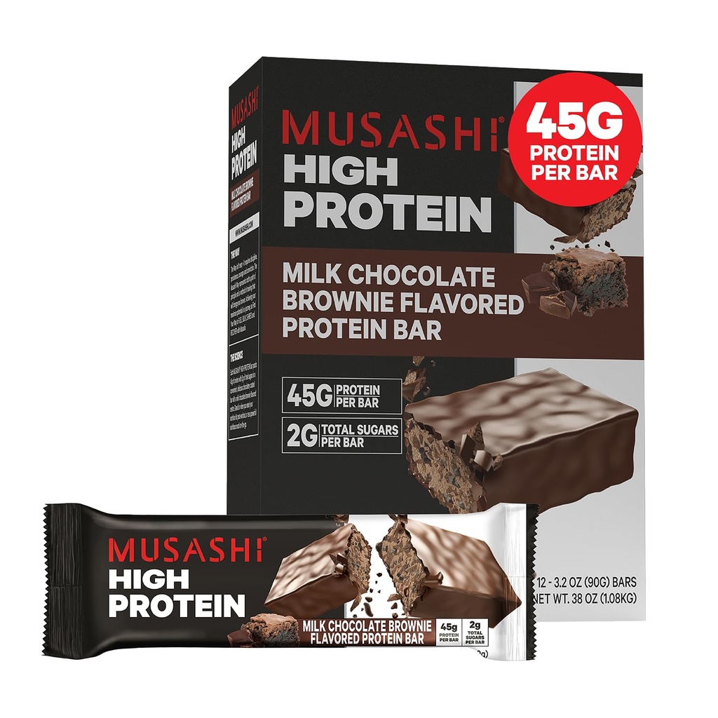MUSASHI High Protein Bar, 45g Protein, 2g Total sukkerarter, Milk Chocolate Brownie, Post Workout og Protein Snack On The Go, 12 pakke med 3,2 oz (90g) Barer