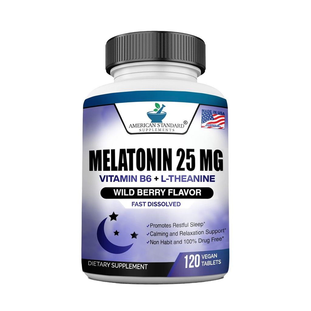 Melatonin 25mg pr. 1 tablet, 120 tyggetabletter med L- Theanin & vitamin B- 6, understøtter sund sovekreds, fremmer opkalkning og roligt søvn, Vegan, IKKE GMO, Made in USA