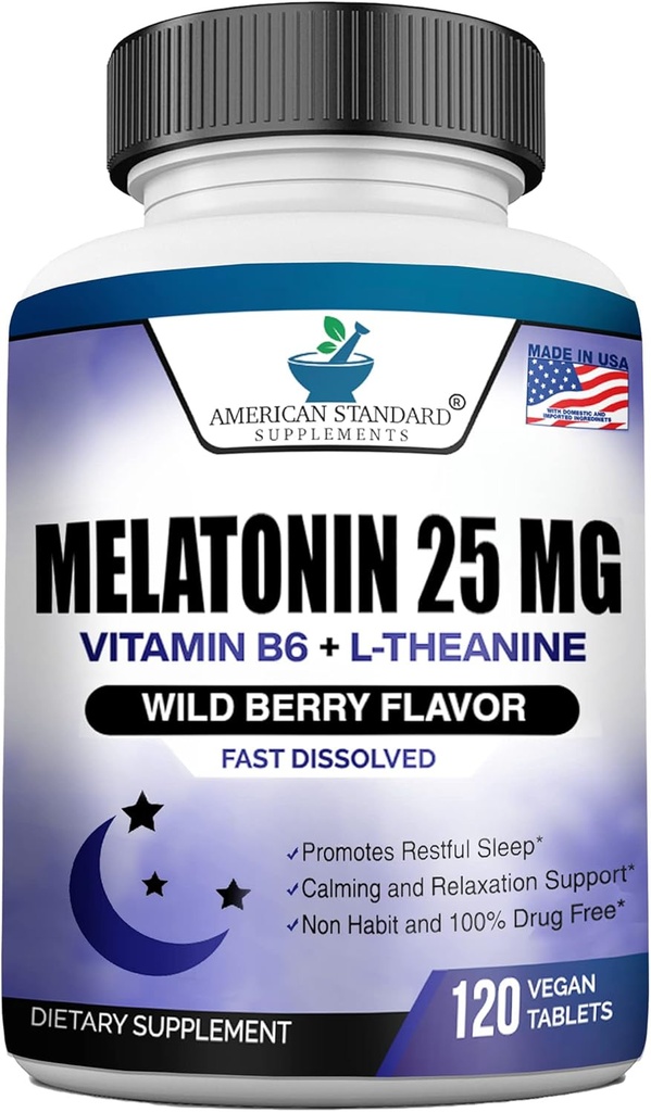 Melatonin 25mg pr. 1 tablet, 120 tyggetabletter med L- Theanin & vitamin B- 6, understøtter sund sovekreds, fremmer opkalkning og roligt søvn, Vegan, IKKE GMO, Made in USA