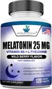 Melatonin 25mg pr. 1 tablet, 120 tyggetabletter med L- Theanin & vitamin B- 6, understøtter sund sovekreds, fremmer opkalkning og roligt søvn, Vegan, IKKE GMO, Made in USA
