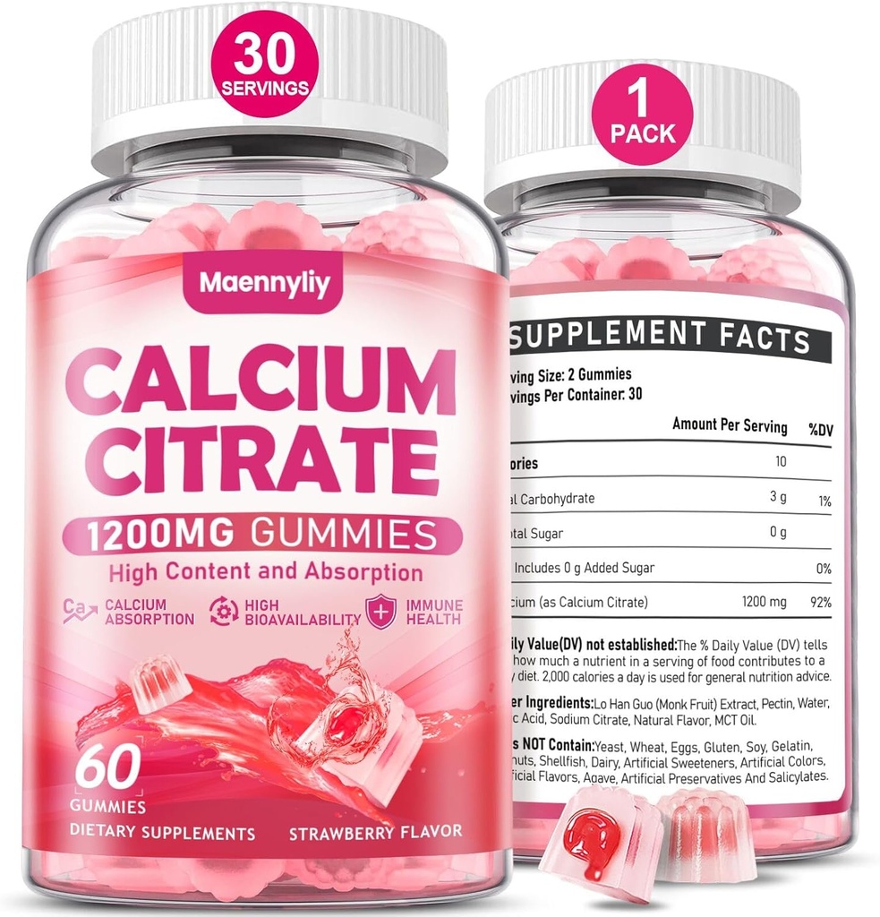 Calcium Citrate Gummies 1200 mg for voksne: Ultimate Absorption Calciumsupplement for kvinder & mænd - Nem at vælge, Vegan, Non- GMO, Gluten Free - Natural Strawberry Flavor