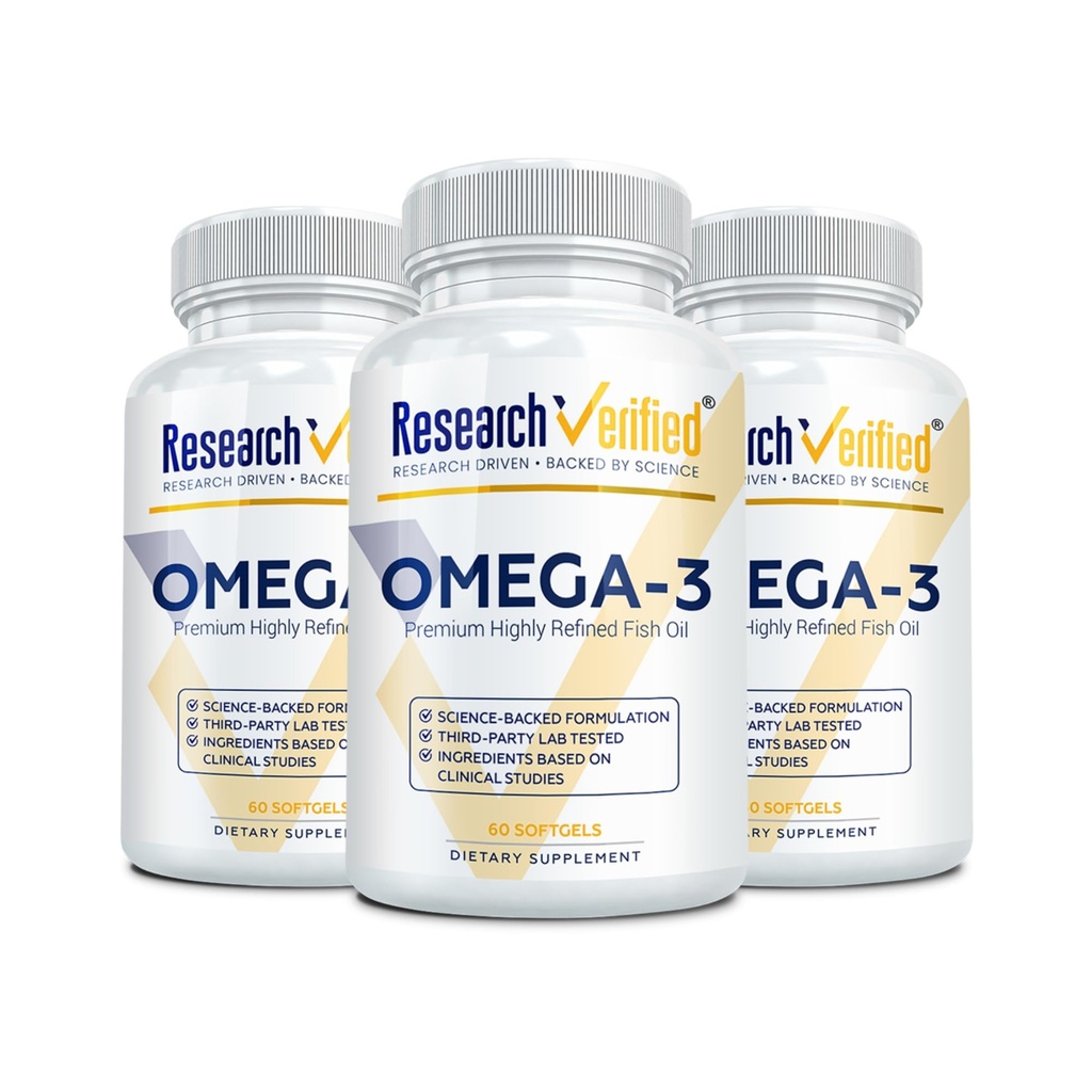 Forskning Verificeret Omega 3- 1800 mg Omega 3 Fiskeolie - Høj 900mg EPA + 600 mg DHA - Ingen eftersmag - 60 Softgel kapsler - 3 flasker