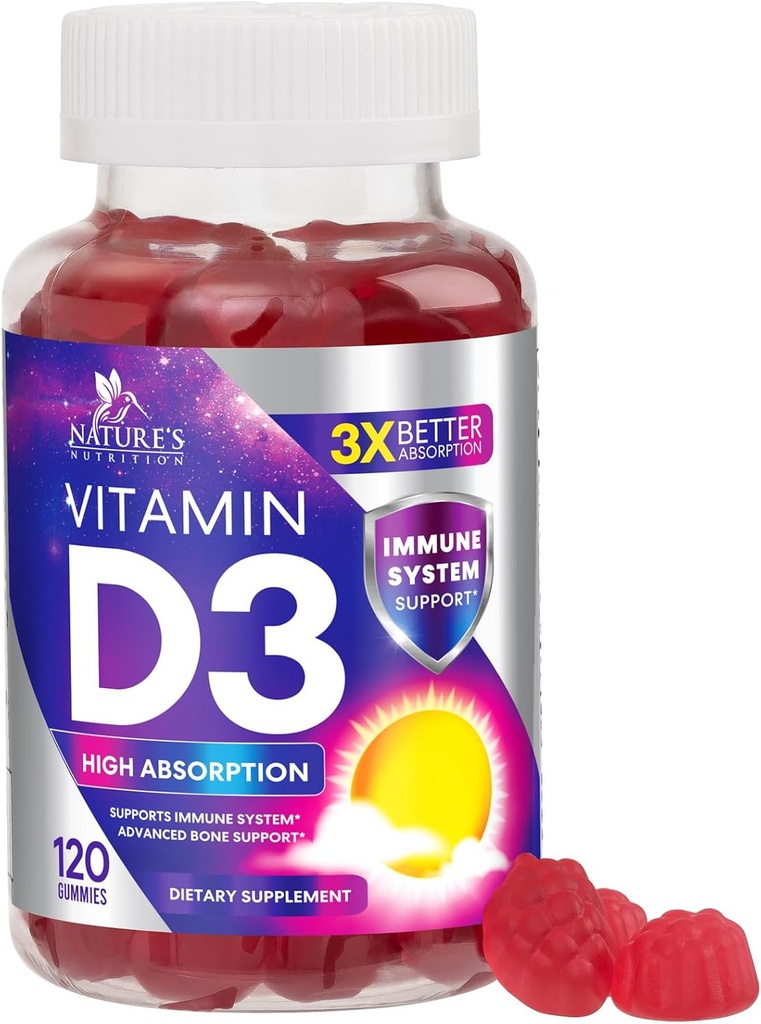 Vitamin D3 Gummy 5000 IE (125 mcg) - Kosttilskud Vitamin D til kvinder og mænd - Knogler, tænder, muskel og immunforsvar, høj potens VIT D3 Nature non-GMO & Gluten Free - 120 Gummies
