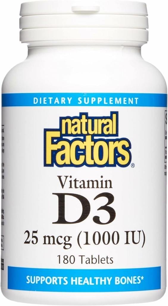 Naturlige faktorer, D3- vitamin 1000 IE (25 mcg), understøtter stærke knogler, muskler og immunfunktion, 180 tabletter