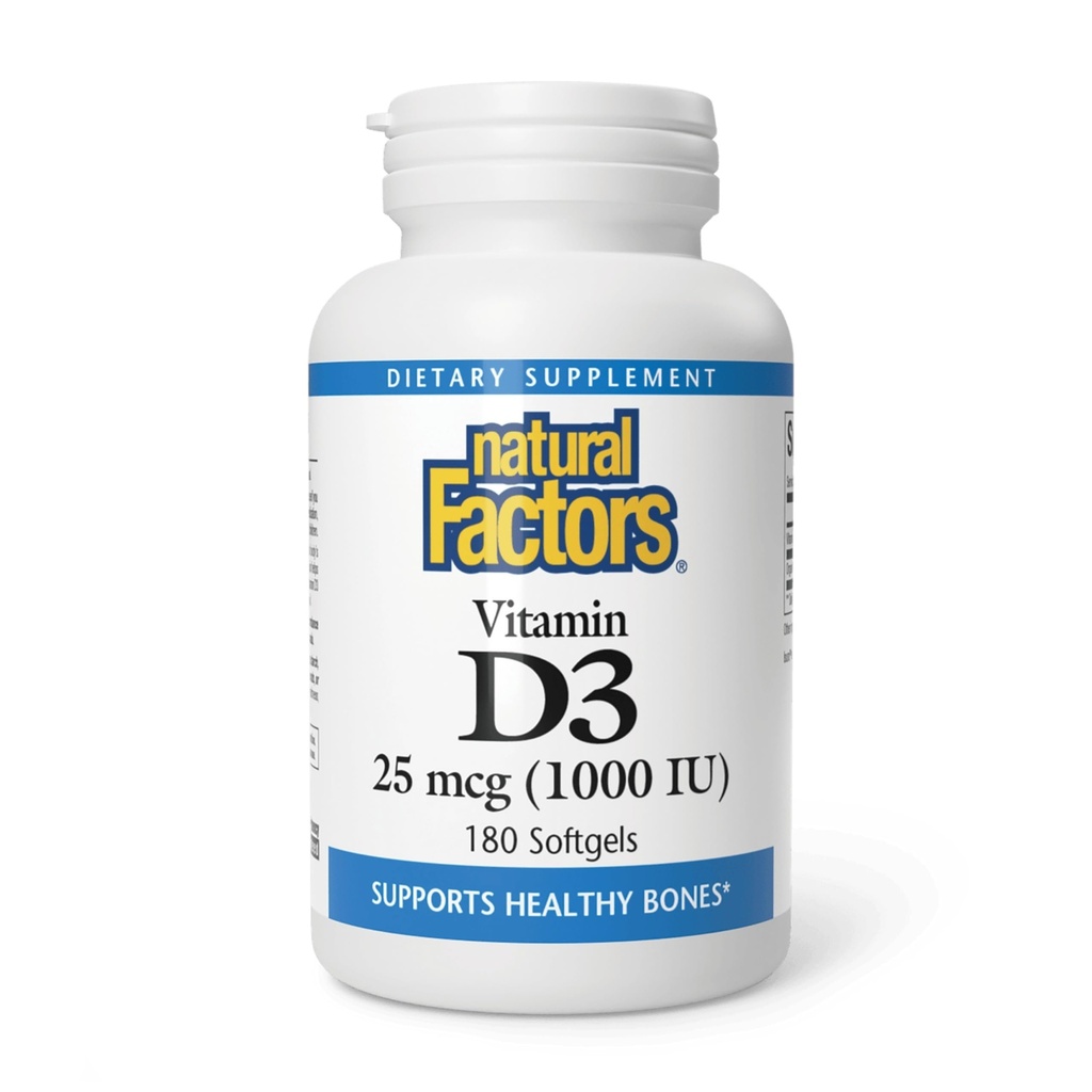 Naturlige faktorer, D3- vitamin 1000 IE (25 mcg), understøtter stærke knogler, muskler og immunfunktion, 180 tabletter