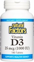 Naturlige faktorer, D3- vitamin 1000 IE (25 mcg), understøtter stærke knogler, muskler og immunfunktion, 180 tabletter
