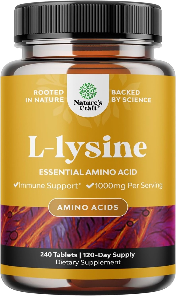 Natures Craft L Lysin 1000mg per servering kosttilskud - L- lysin essentielle aminosyrer til øje sundhed Lip Care Knoglestøtte immunsystemet muskelvækst og Vegetarisk kollagen 240 tabletter