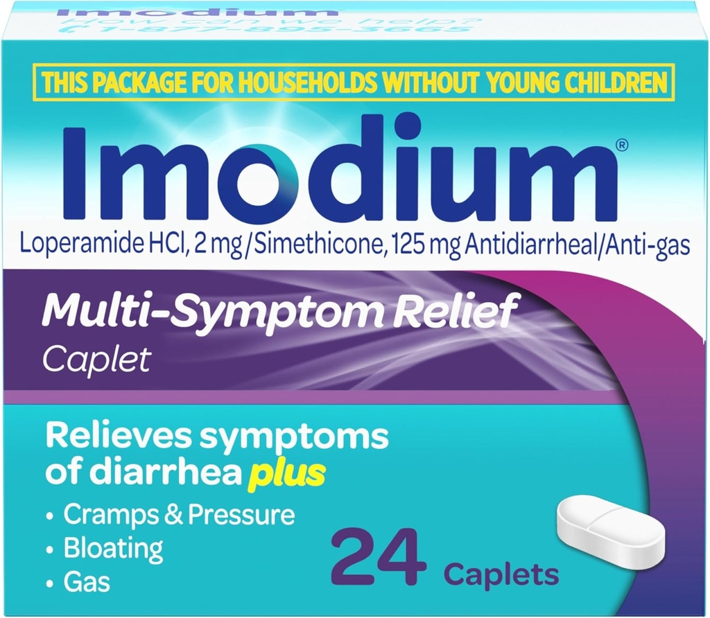 Imodium Multi- symptom Relief kapsler med Loperamid Hydroklorid & Simeticon, Anti- Diarré Medicin til behandling af diarré, gas, bloating, kramper & tryk, Nemmere at åbne, 24 ng