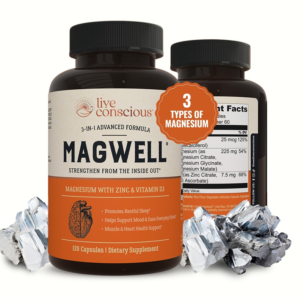 Live Conscious Magwell Magnesium Zink & Vitamin D3 - Magnesium Glycinat, Malat, & Citrate - Triple supplement til kvinder & mænd - for søvn, ben, hjerte, immunforsvar - 120 Caps