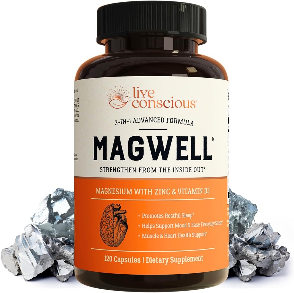Live Conscious Magwell Magnesium Zink & Vitamin D3 - Magnesium Glycinat, Malat, & Citrate - Triple supplement til kvinder & mænd - for søvn, ben, hjerte, immunforsvar - 120 Caps