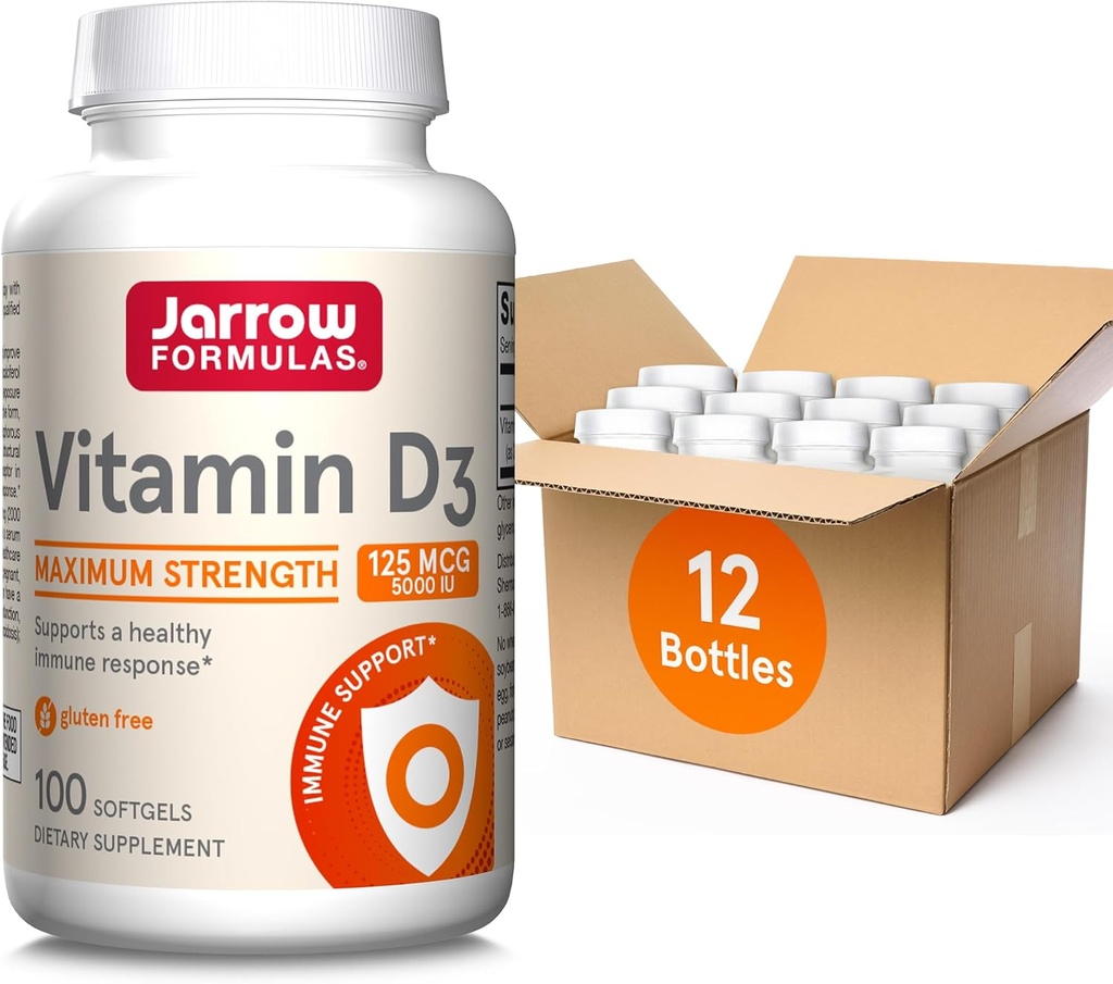 Jarrow Formulas Vitamin D3 125 mcg (5000 IE) - 100 Servere (Softgels) - Knoglehygiejne, immunforsvar & Calcium Metabolisme Support - D-vitamin supplement - D3 Vitamin - 5000 IE D-vitamin (pakning med 12)