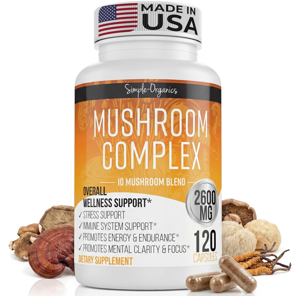 Mushroom Complex, 10 Mushroom Blend til energi og immunforsvar, 2600mg per servering, 120 Veganske kapsler