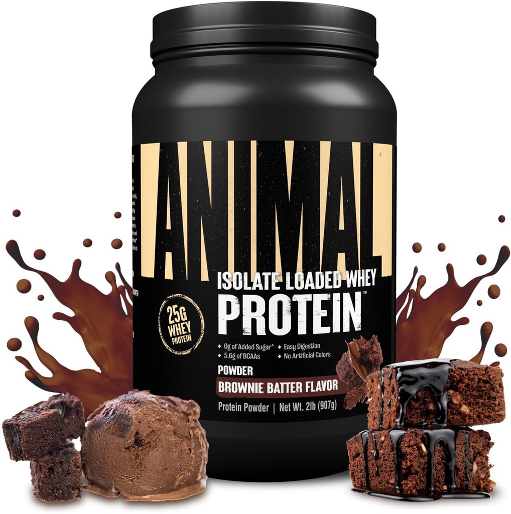 Animal Whey Isolate Protein Powder - Loaded for Pre & Post Workout Muscle Builder and Recovery with Digestive Enzymes for Men & Women - 25g Protein, Great Taste, Low Sugar - Brownie Batter 2 lbs