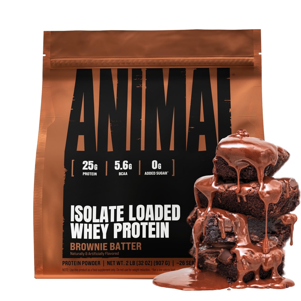 Animal Whey Isolate Protein Powder - Loaded for Pre & Post Workout Muscle Builder og Inddrivelse med fordøjelige enzymer til mænd og kvinder - 25g Protein, Great Smag, Low Sugar - Brownie Batter 2 lbs