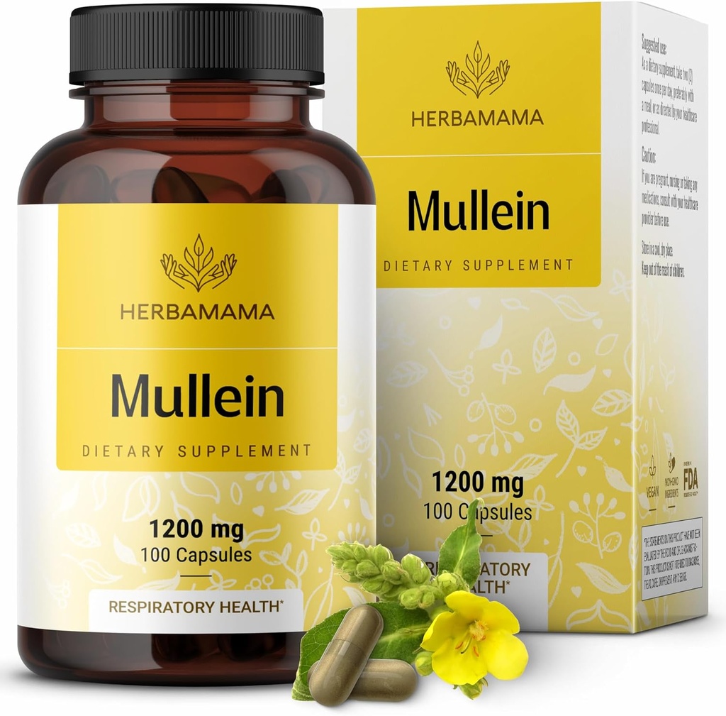 HERBAMAMA Mullein Leaf kapsler - 1200mg Mullein Leaf Extract for Lung Detox Support - Vegan, Non- GMO Respiratory Lung Cleanse Supplement