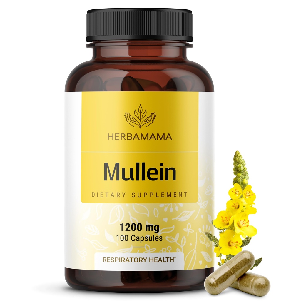 HERBAMAMA Mullein Leaf kapsler - 1200mg Mullein Leaf Extract for Lung Detox Support - Vegan, Non- GMO Respiratory Lung Cleanse Supplement
