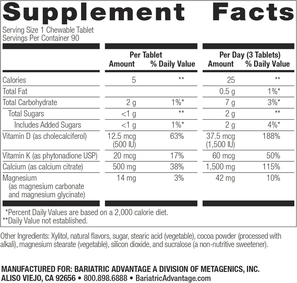Bariatric Advantage Calcium Citrate Chewable 500 mg - for Bariatric Kirurgi Patienter - Højpotens, Easy- Digest Tablets - Calcium Citrate - Knogleresultater Kosttilskud * - 90 Tæl - Chokolade