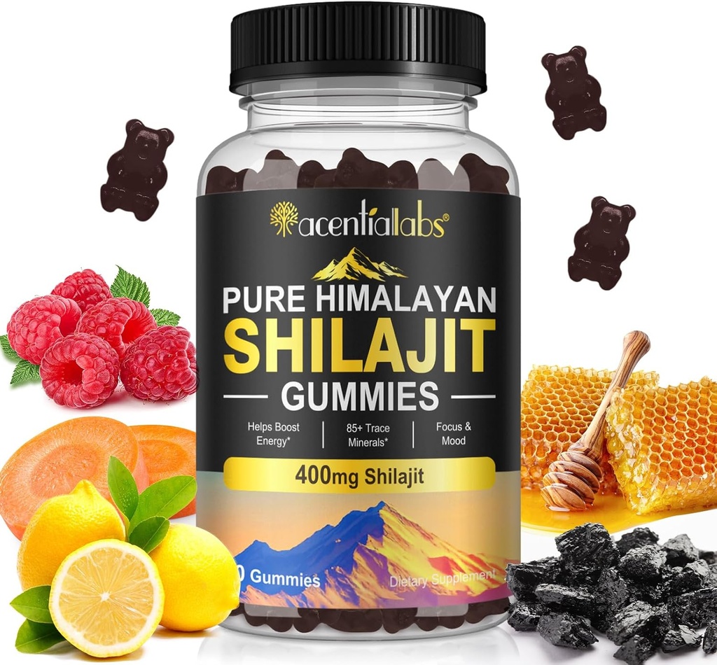 Shilajit Gummies, Pure Himalayan Shilajit Gummies med 100% Shilajit, Shilajit Organic Gummies Rich in Fulvic Acid 85 + Trace Minerals Velegnet til mænd og kvinder, Non- GMO - 60 Gummy