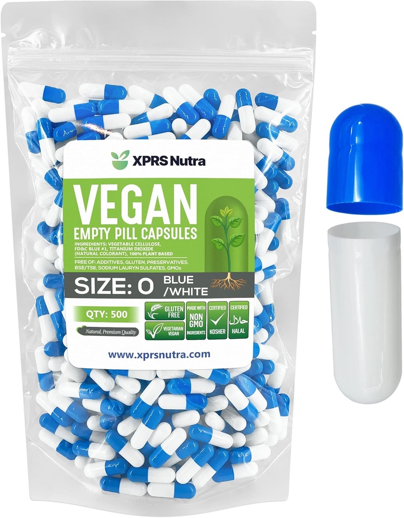 XPRS Nutra Størrelse 0 Tomme kapsler - 500 Tomme Veganske kapsler - Vegetariske piller - DIY vegetabilsk kapsel Fyldning - Veggie Pill Caps til Do- It- Yourself Kosttilskud (blå / hvid)