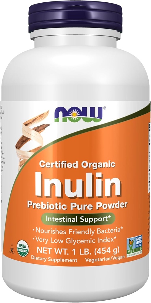 Now Foods Supplements, Inulin Prebiotic Pure Powder, Certified Organic, Non- GMO Project Verified, Intestinal Support *, 1- Pound