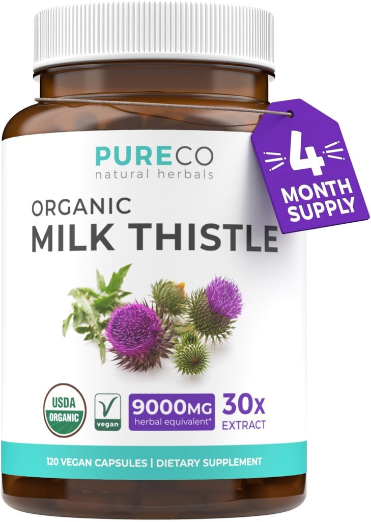 USDA Organic Milk Thistle Capsules - 80% Silymarin Supplement for Lever Support - Super koncentreret 300mg af 30: 1 Milk Thistle Extract Tilsvarende 9.000mg - Milk Thistle Lever Detox 120 Day Supply