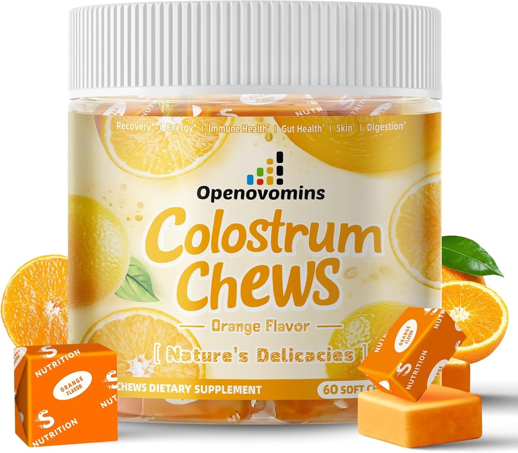 Bovin Colostrum Soft Chews Supplement med probiotika til Gut Sundhed, Bloating, immunforsvar, hud, hårvækst og skønhed - Orange Flavor (60 Servering)