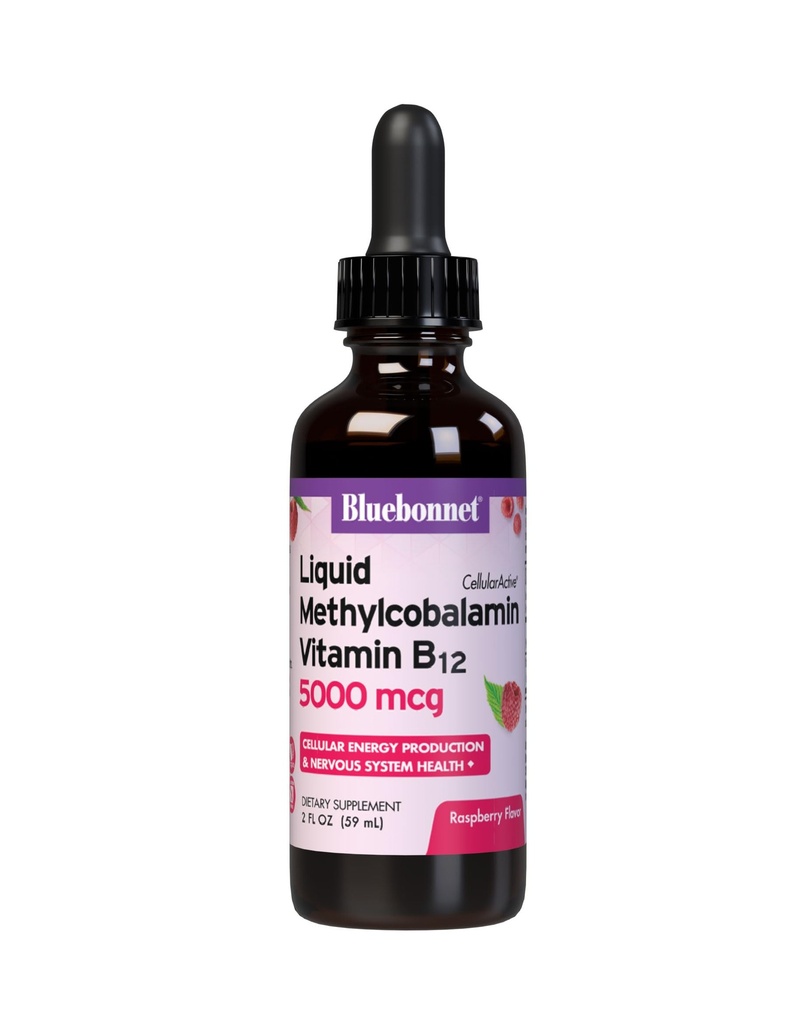 Bluebonnet Flydende Methylcobalamin Vitamin B12 5000 mcg Active Coenzym Form of Vitamin B 12 Liquid Drops Energy Supplement for kvinder & mænd - Vegan, Gluten- Free - Raspberry Flavor - 2 Fl Oz