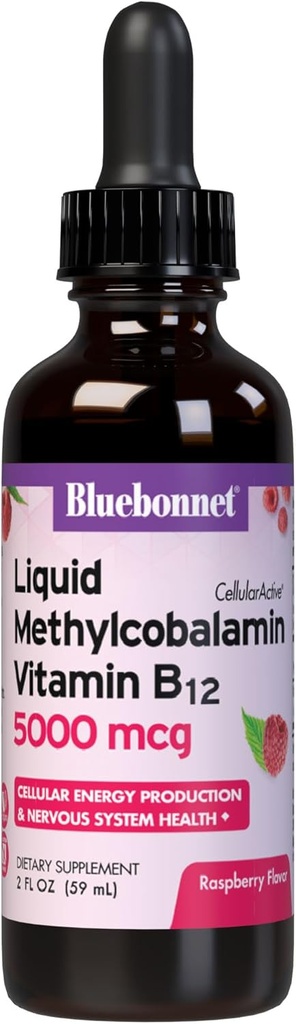 Bluebonnet Flydende Methylcobalamin Vitamin B12 5000 mcg Active Coenzym Form of Vitamin B 12 Liquid Drops Energy Supplement for kvinder & mænd - Vegan, Gluten- Free - Raspberry Flavor - 2 Fl Oz