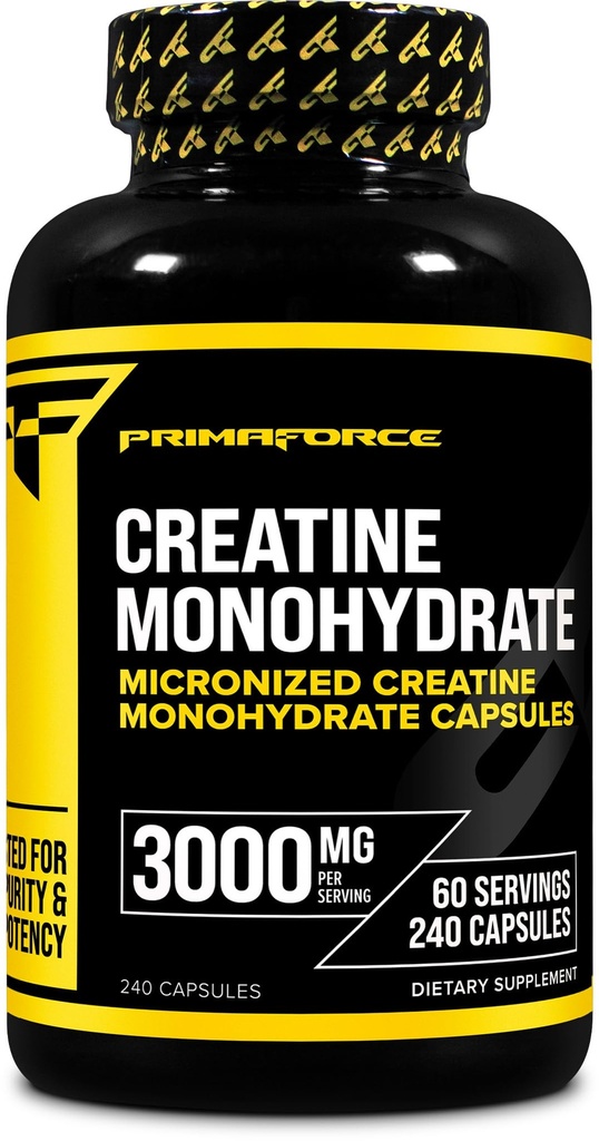Primaforce Creatin monohydrat kapsler - 240 kapsler, 3,000mg per servering, gluten fri og ikke-GMO