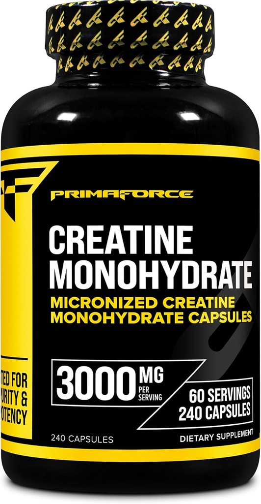 Primaforce Creatin monohydrat kapsler - 240 kapsler, 3,000mg per servering, gluten fri og ikke-GMO